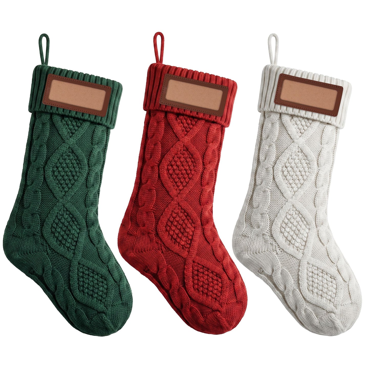 Jingle Jollys Occasions > Christmas > Christmas Decorations Jingle Jollys 3PCS Personalized Christmas Stockings with Leather Patches 16 Inch Knitted Solid Colour Xmas Decor For Fireplace Mantel, Christmas Tree, Home Decoration & Holiday Party Displays