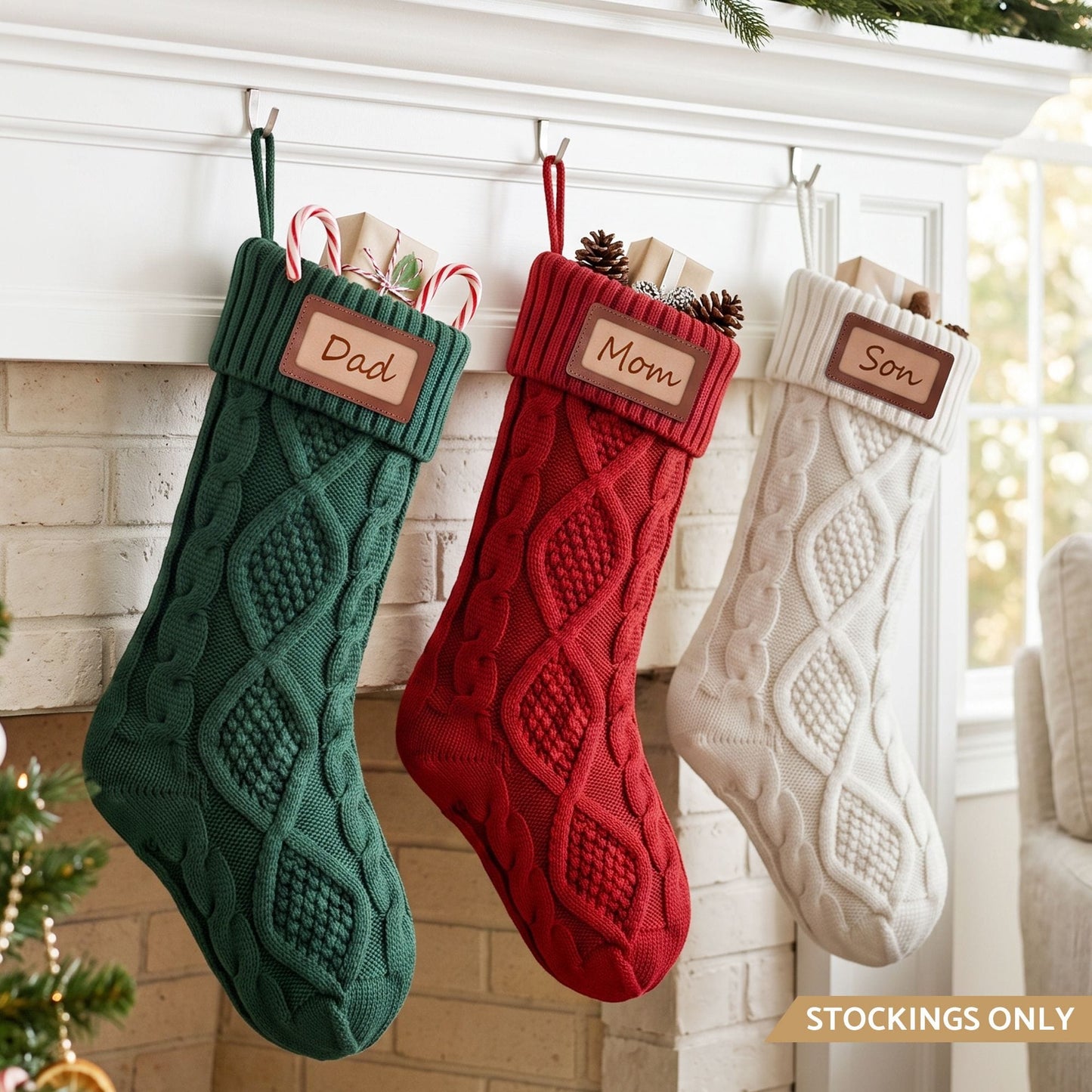 Jingle Jollys Occasions > Christmas > Christmas Decorations Jingle Jollys 3PCS Personalized Christmas Stockings with Leather Patches 16 Inch Knitted Solid Colour Xmas Decor For Fireplace Mantel, Christmas Tree, Home Decoration & Holiday Party Displays