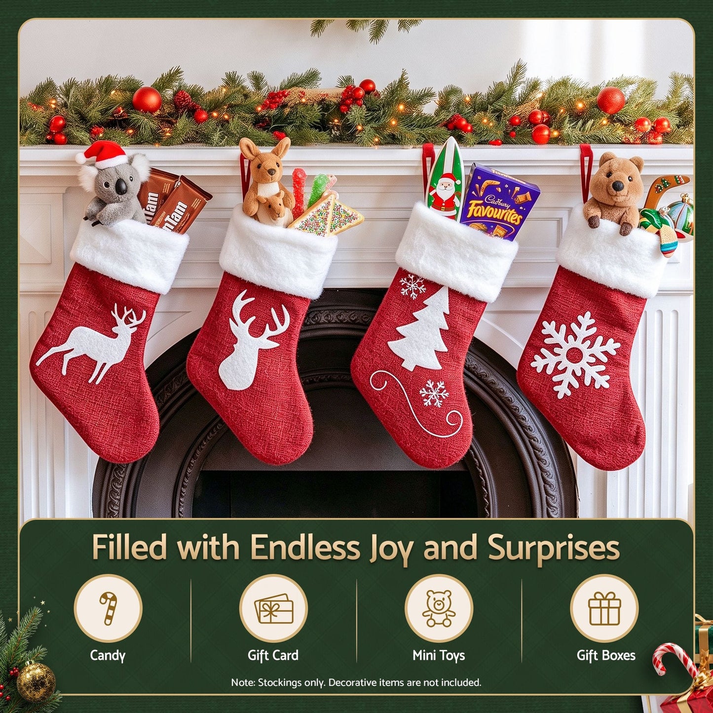 Jingle Jollys Occasions > Christmas > Christmas Decorations Jingle Jollys 4 Pack Large Velvet Christmas Stockings 46.5cm Red White Decor Perfect For Gift Ideal, Fireplace Mantels Christmas Trees Holiday Party Decorations