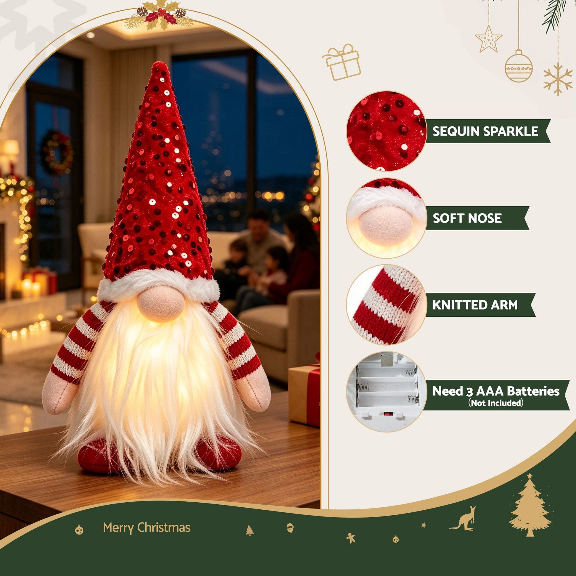Jingle Jollys Occasions > Christmas > Christmas Decorations Jingle Jollys Christmas Gnomes Light Up Christmas Decorations Plush Goblin Set of 3 Warm White
