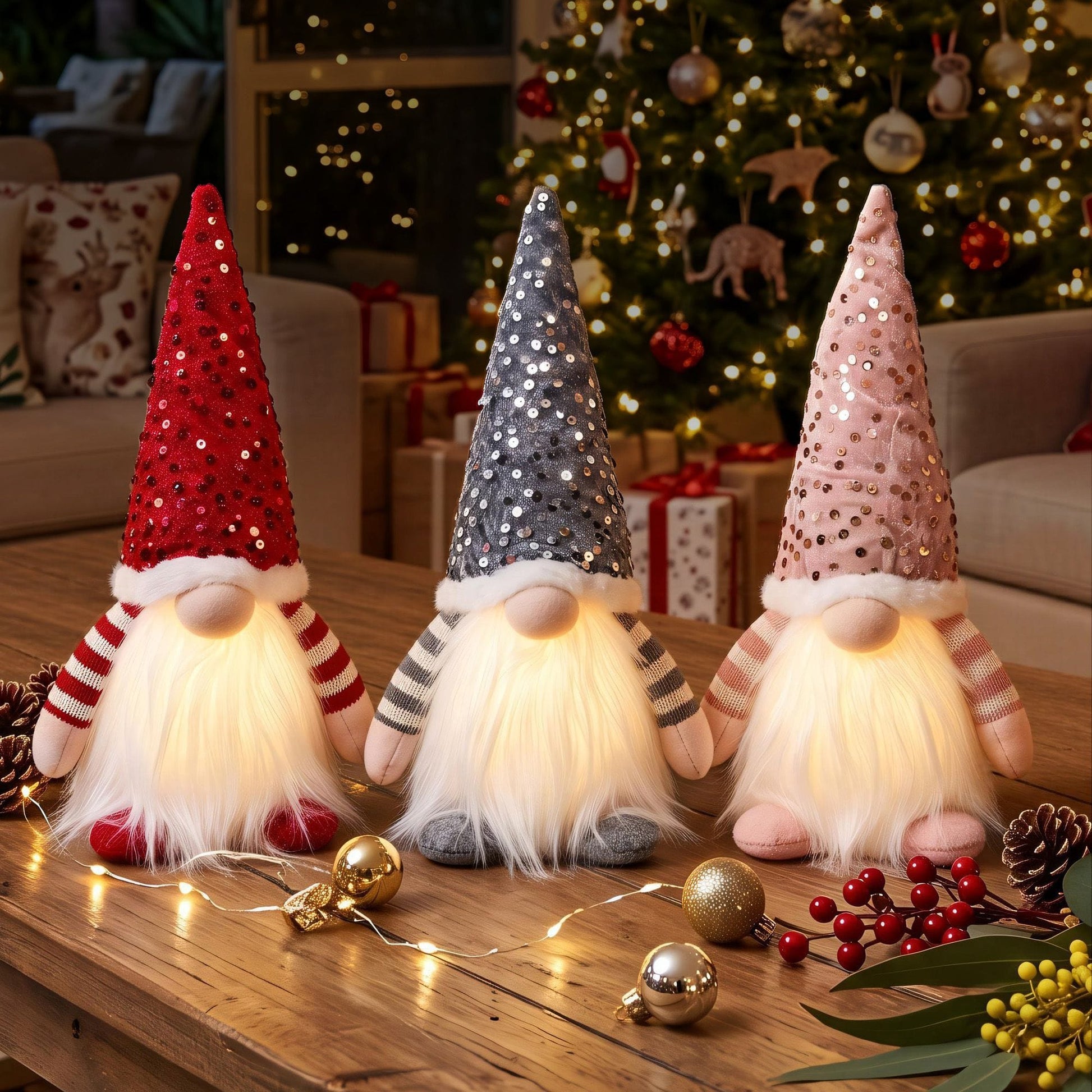 Jingle Jollys Occasions > Christmas > Christmas Decorations Jingle Jollys Christmas Gnomes Light Up Christmas Decorations Plush Goblin Set of 3 Warm White