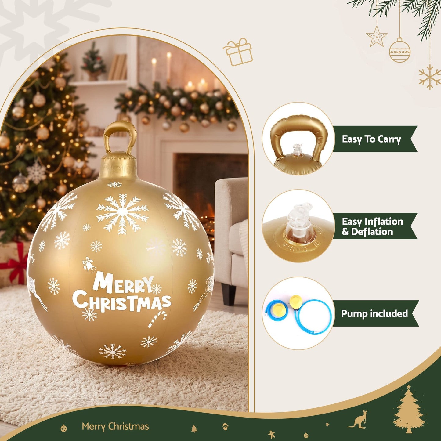 Jingle Jollys Occasions > Christmas > Christmas Decorations Jingle Jollys Christmas Inflatable Ball Bauble 60cm Outdoor Decoration Gold