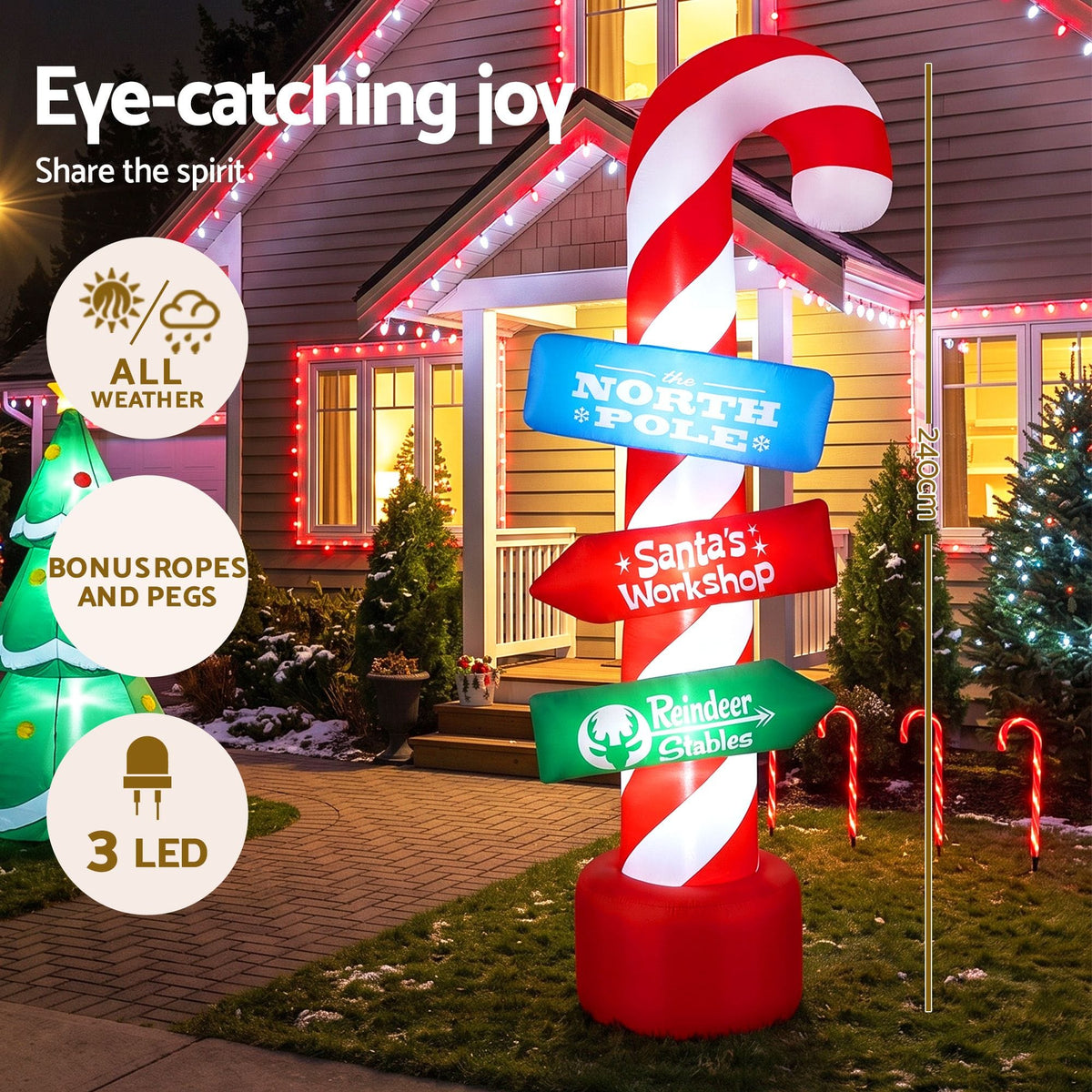 Jingle Jollys Occasions > Christmas > Christmas Decorations Jingle Jollys Christmas Inflatable Candy Pole 2.4M Illuminated Decorations