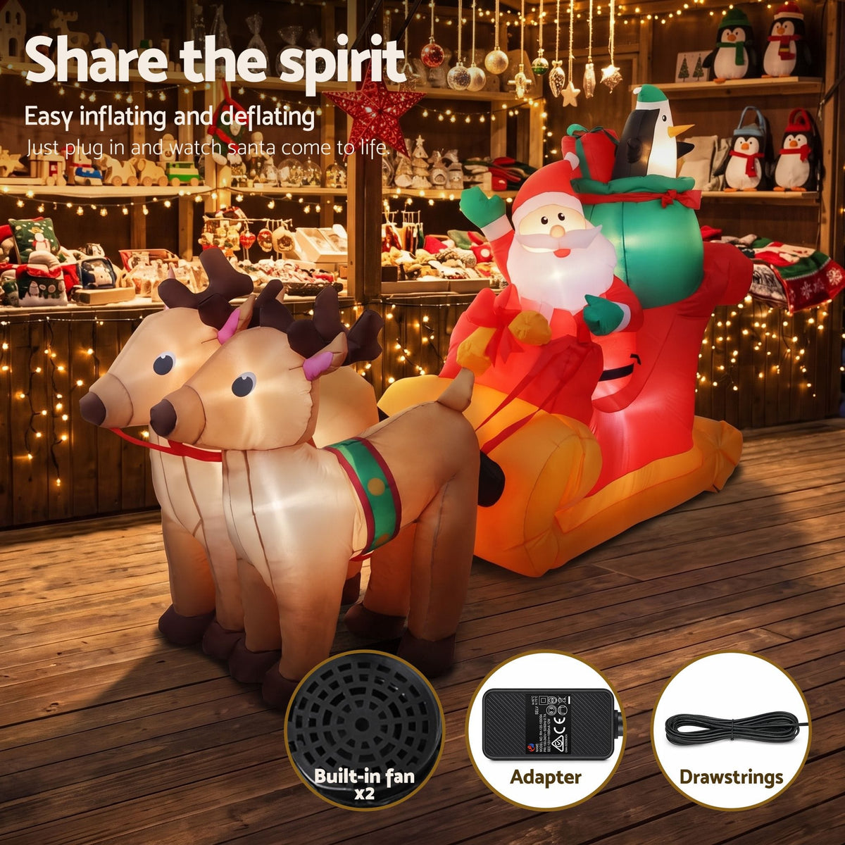 Jingle Jollys Occasions > Christmas > Christmas Decorations Jingle Jollys Christmas Inflatable Santa Sleigh 2.2M Illuminated Decorations