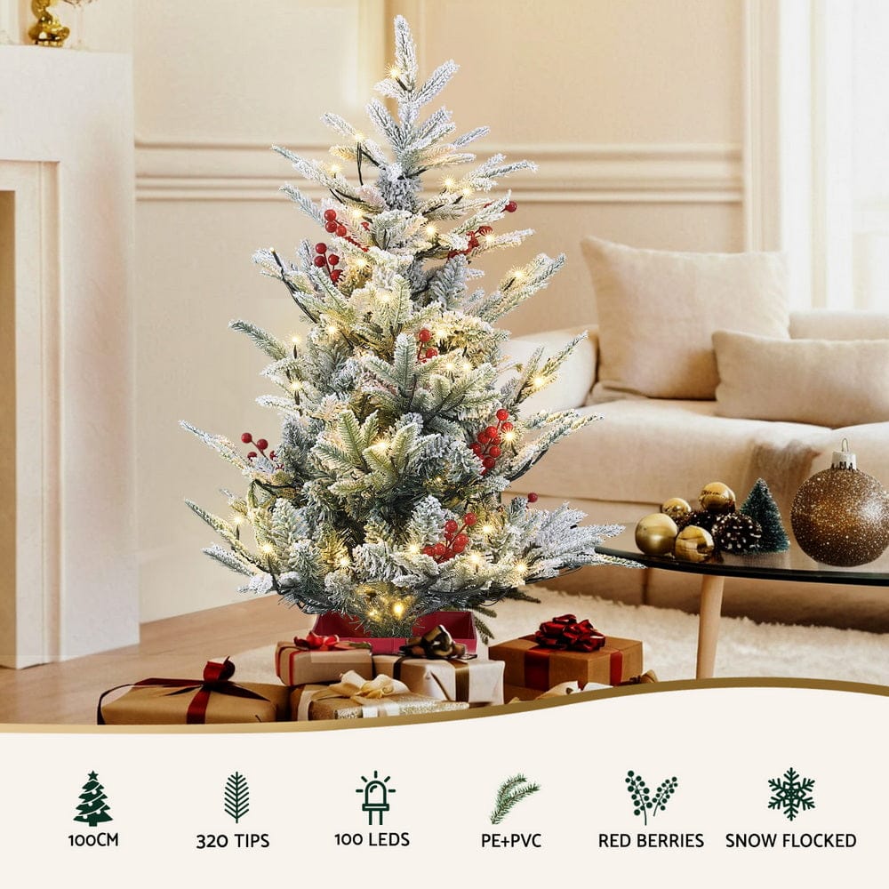 Jingle Jollys Occasions > Christmas > Christmas Trees Jingle Jollys Christmas Tree 1M LED Potted Xmas Party Decor Red Barries Flocked