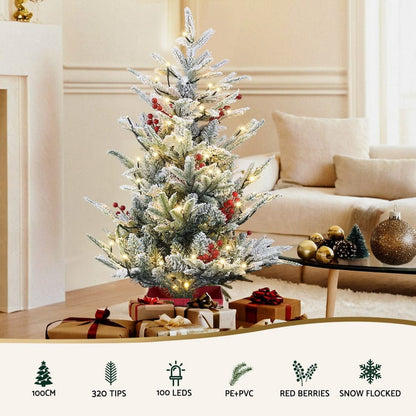 Jingle Jollys Occasions > Christmas > Christmas Trees Jingle Jollys Christmas Tree 1M LED Potted Xmas Party Decor Red Barries Flocked