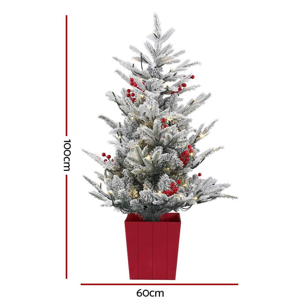 Jingle Jollys Occasions > Christmas > Christmas Trees Jingle Jollys Christmas Tree 1M LED Potted Xmas Party Decor Red Barries Flocked
