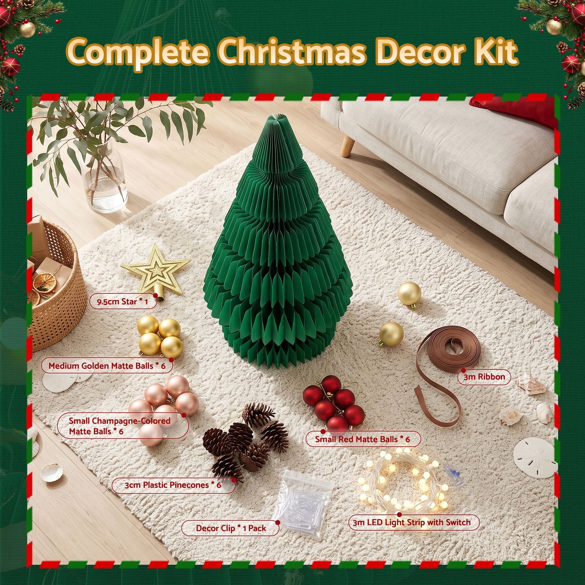 Jingle Jollys Occasions > Christmas > Christmas Trees Jingle Jollys Paper Christmas Tree 62CM w/ Star Topper LEDs Xmas Decorations Kit Home Office Green
