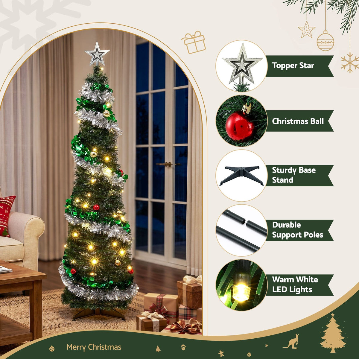 Jingle Jollys Occasions > Christmas > Christmas Trees Jingle Jollys Pop Up Christmas Tree Pre Decorated Warm White LED 155cm