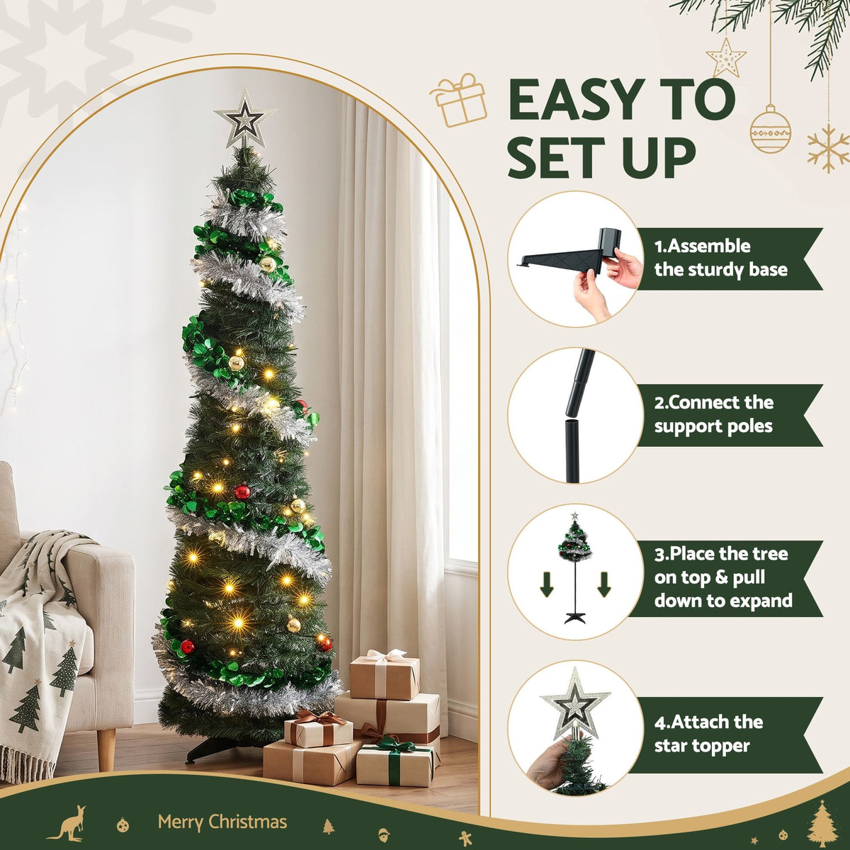 Jingle Jollys Occasions > Christmas > Christmas Trees Jingle Jollys Pop Up Christmas Tree Pre Decorated Warm White LED 155cm
