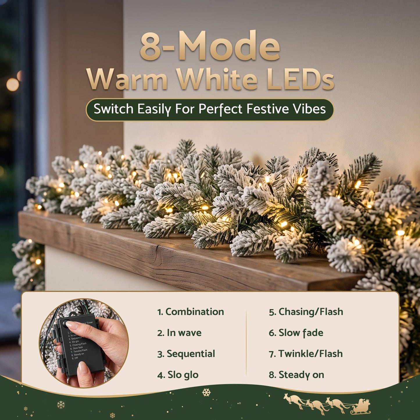 Jingle Jollys Occasions > Christmas > Christmas Wreaths & Garlands Jingle Jollys 1.8M Christmas Garland 8 Mode LED Snow Frosted Tips Auto Timing