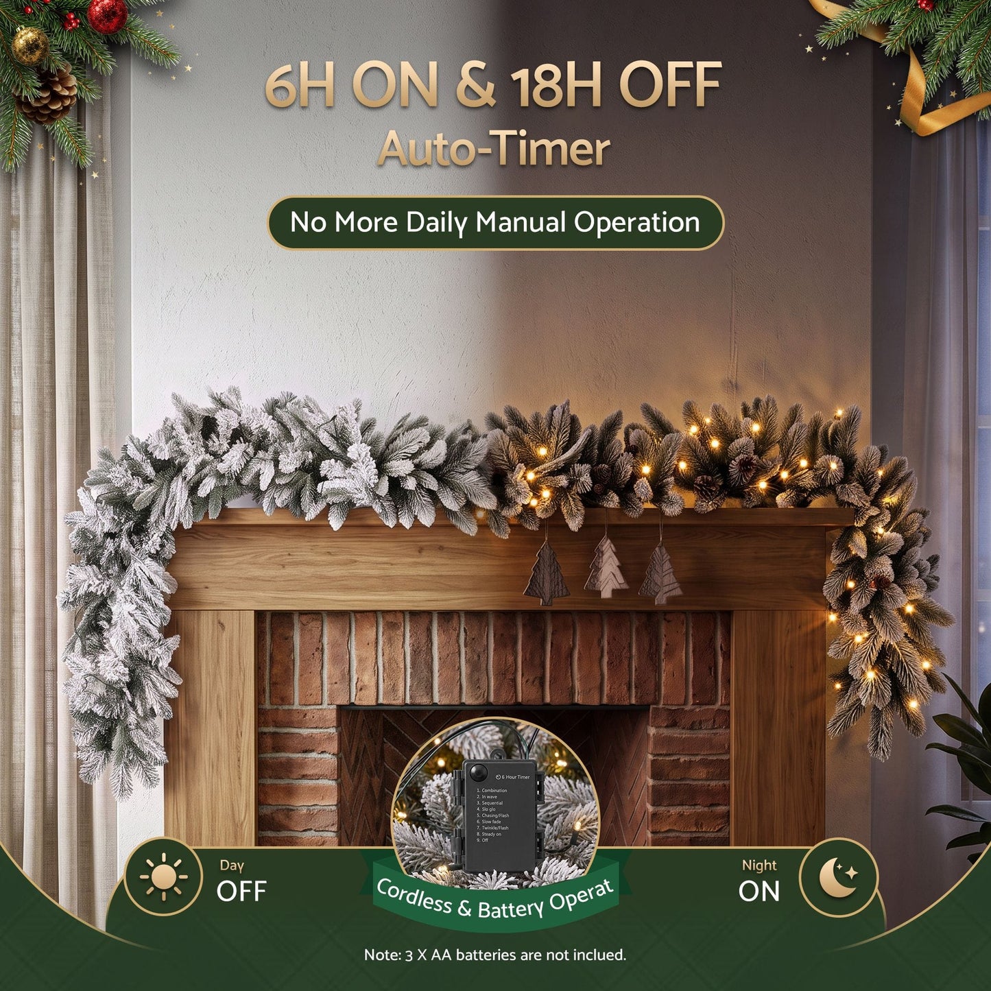 Jingle Jollys Occasions > Christmas > Christmas Wreaths & Garlands Jingle Jollys 1.8M Christmas Garland 8 Mode LED Snow Frosted Tips Auto Timing
