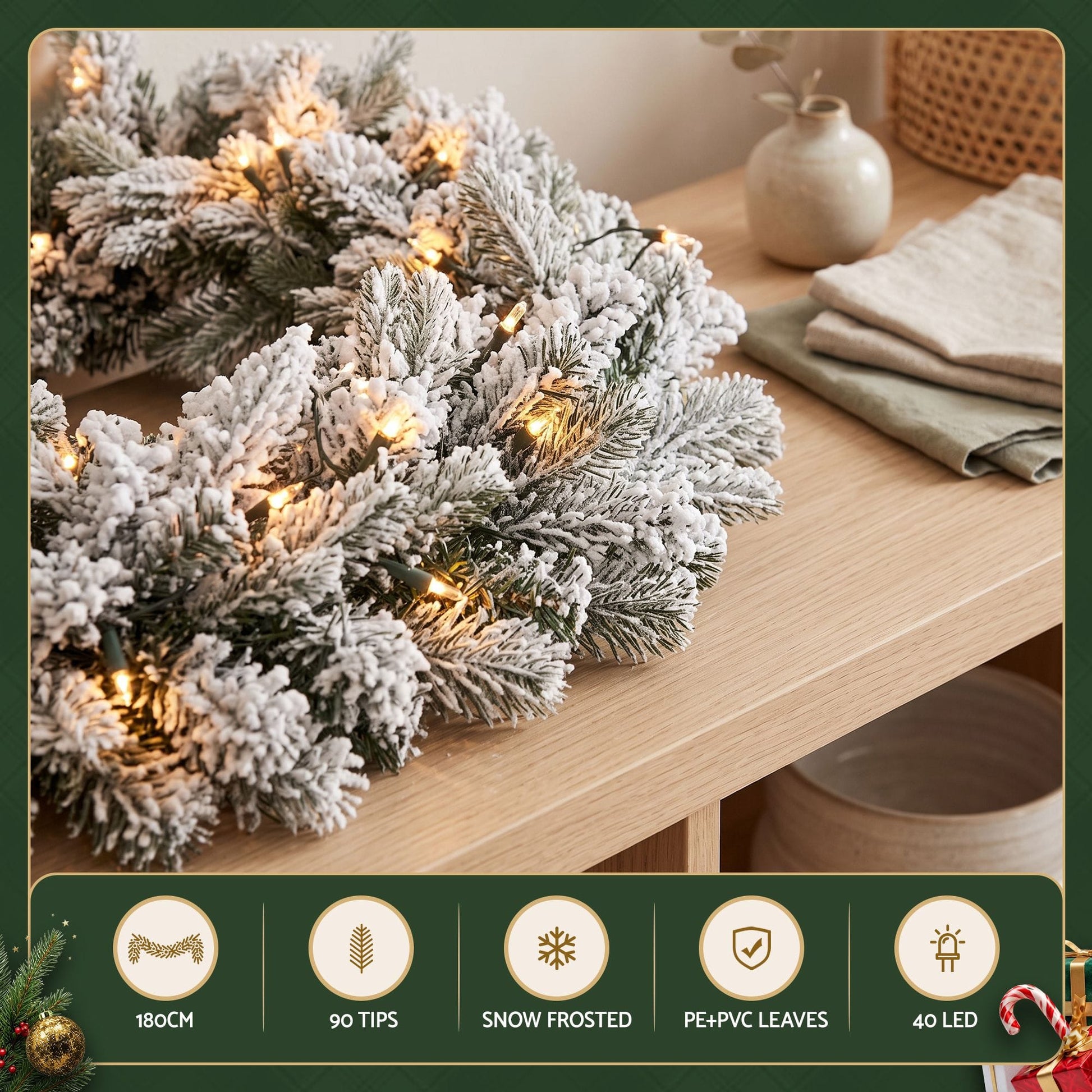 Jingle Jollys Occasions > Christmas > Christmas Wreaths & Garlands Jingle Jollys 1.8M Christmas Garland 8 Mode LED Snow Frosted Tips Auto Timing