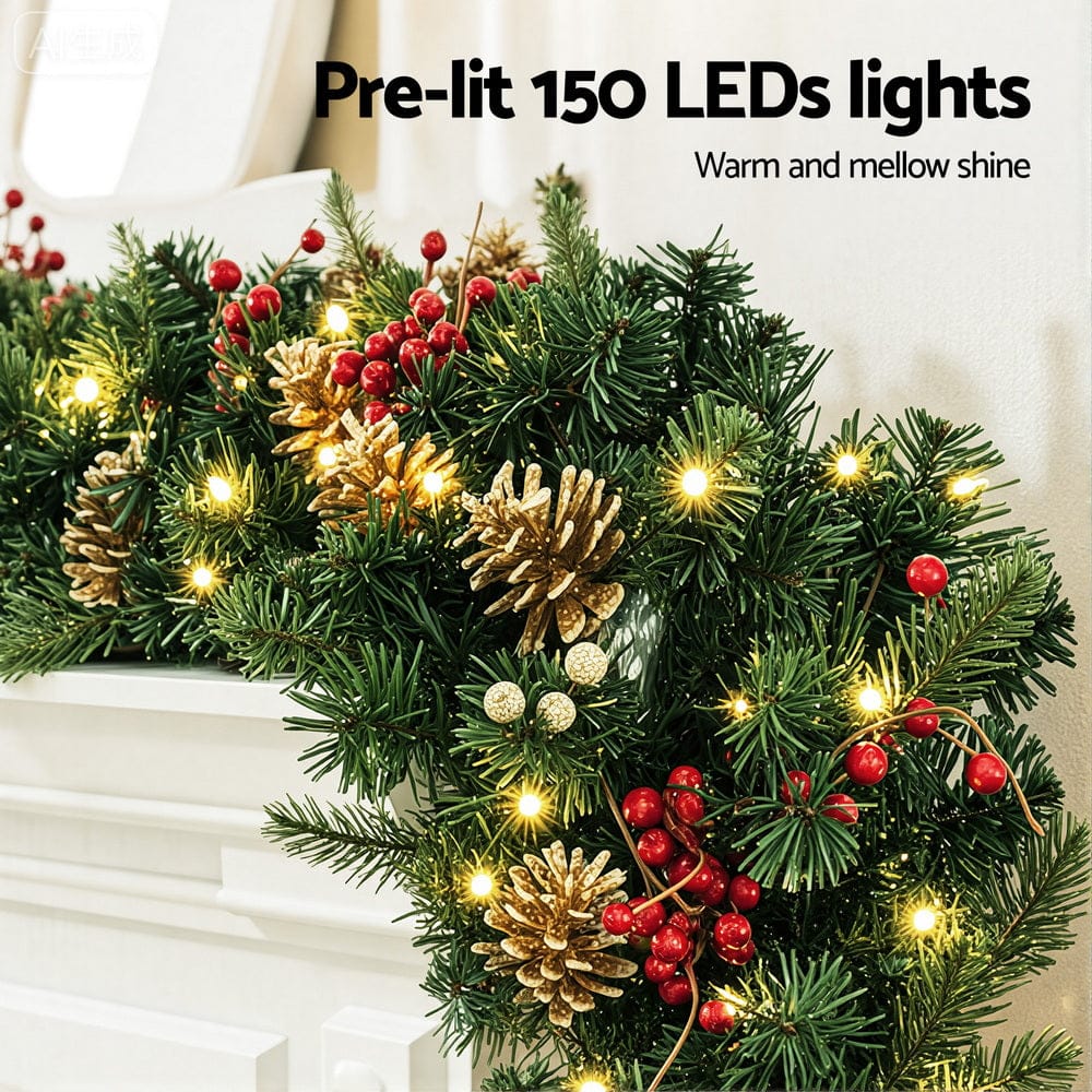 Jingle Jollys Occasions > Christmas > Christmas Wreaths & Garlands Jingle Jollys 1.8M Christmas Garland Pre-lit LED Pine Cones Berries Xmas Decor