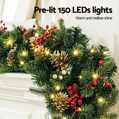 Jingle Jollys Occasions > Christmas > Christmas Wreaths & Garlands Jingle Jollys 1.8M Christmas Garland Pre-lit LED Pine Cones Berries Xmas Decor