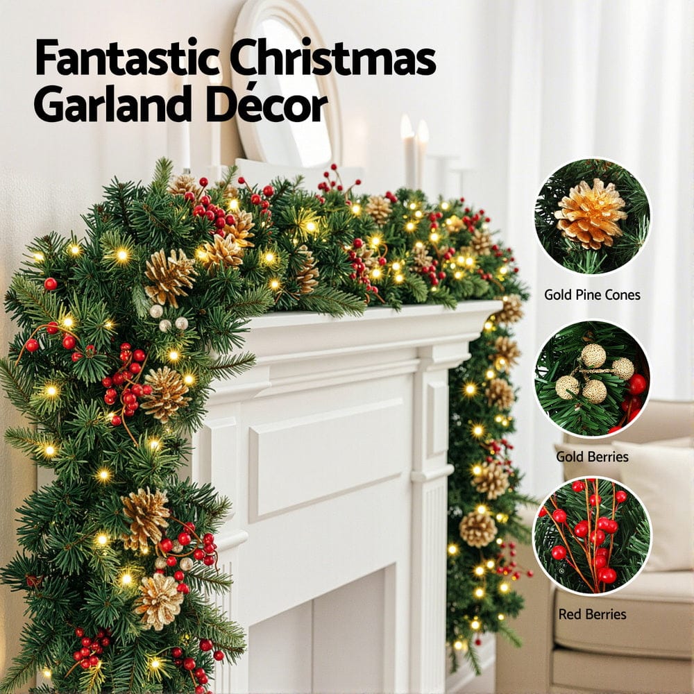 Jingle Jollys Occasions > Christmas > Christmas Wreaths & Garlands Jingle Jollys 1.8M Christmas Garland Pre-lit LED Pine Cones Berries Xmas Decor