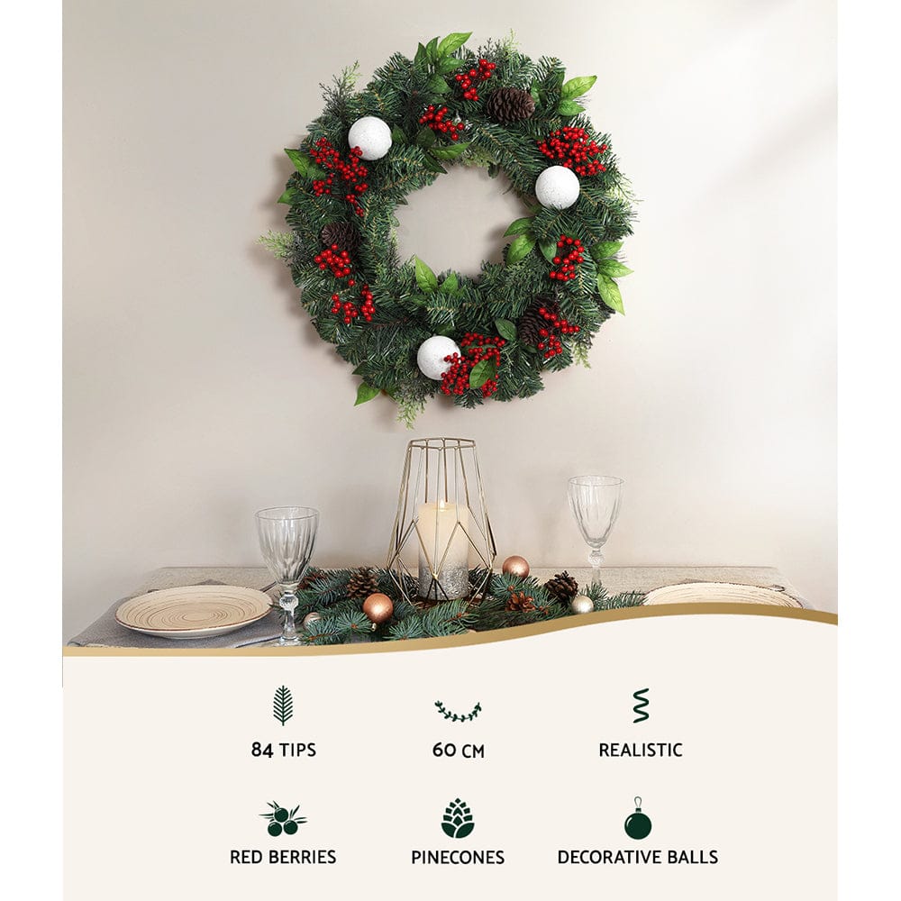 Jingle Jollys Occasions > Christmas > Christmas Wreaths & Garlands Jingle Jollys 2FT 60CM Christmas Wreath with Decor Xmas Tree Decoration