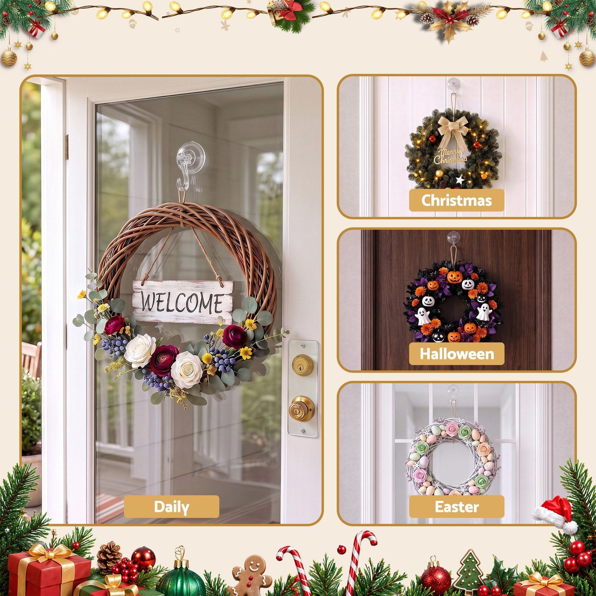 Jingle Jollys Occasions > Christmas > Christmas Wreaths & Garlands Jingle Jollys 2x Suction Cup Hooks Heavy Duty Christmas Wreath Hanger Window 5kg