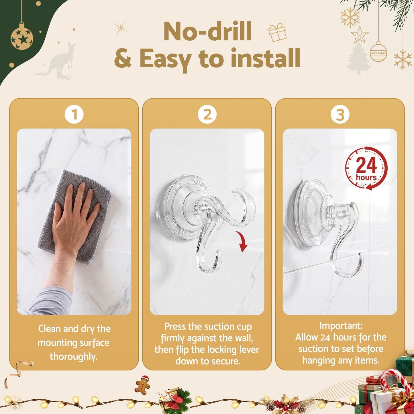 Jingle Jollys Occasions > Christmas > Christmas Wreaths & Garlands Jingle Jollys 2x Suction Cup Hooks Heavy Duty Christmas Wreath Hanger Window 5kg