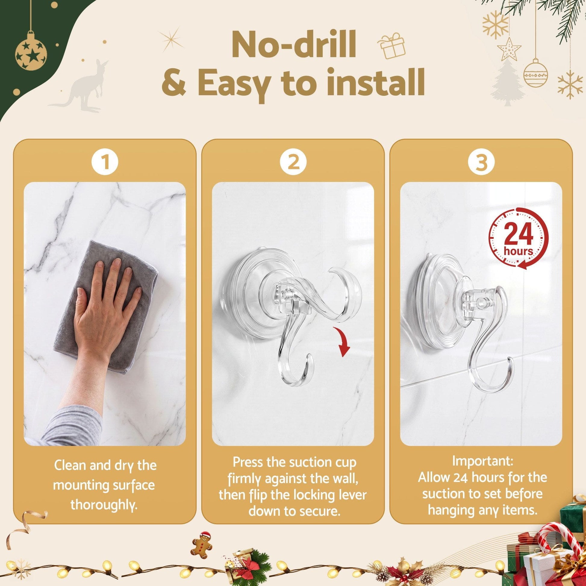 Jingle Jollys Occasions > Christmas > Christmas Wreaths & Garlands Jingle Jollys 2x Suction Cup Hooks Heavy Duty Christmas Wreath Hanger Window 5kg