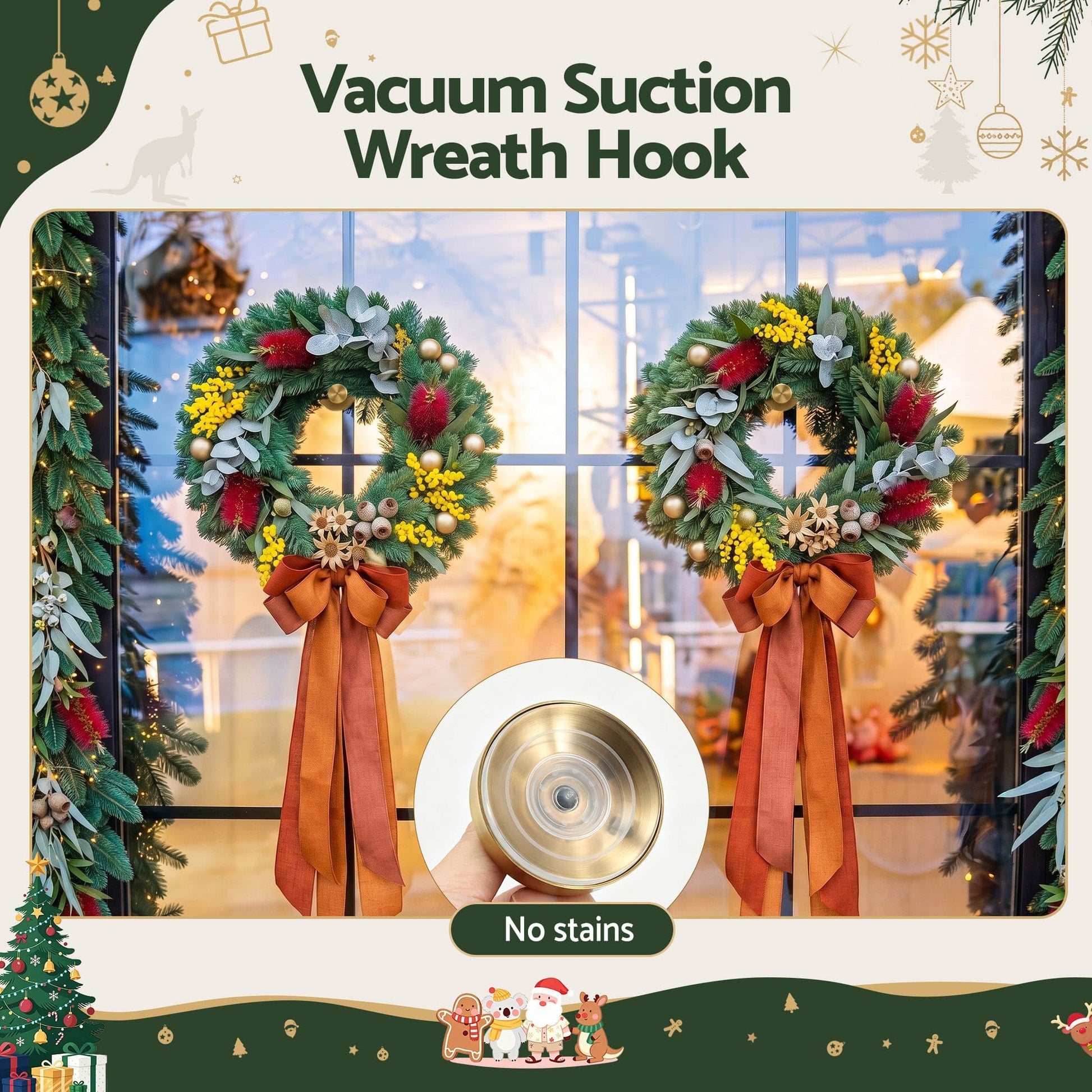 Jingle Jollys Occasions > Christmas > Christmas Wreaths & Garlands Jingle Jollys 2x Vacuum Suction Cup Christmas Wreath Hook Stainless Steel Heavy Duty 5kg