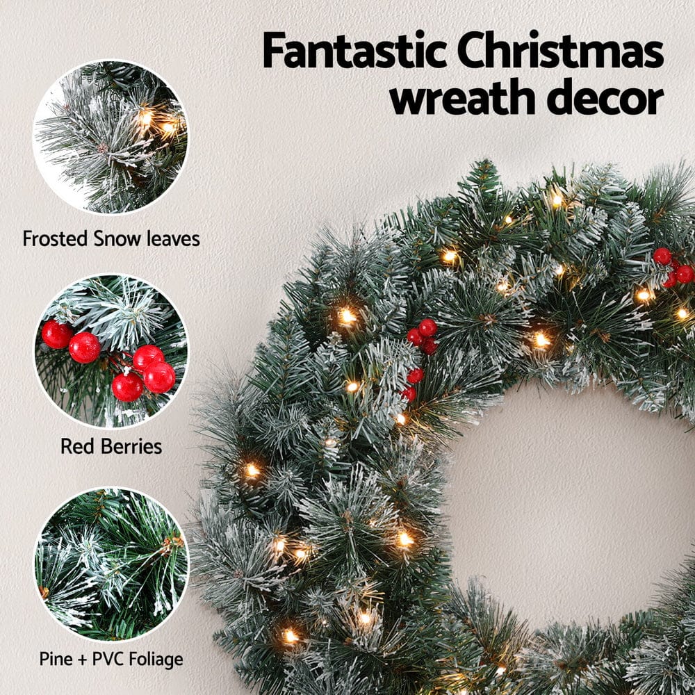 Jingle Jollys Occasions > Christmas > Christmas Wreaths & Garlands Jingle Jollys 60cm Christmas Wreath LED Lights Snowy Berries Garland Party Decor
