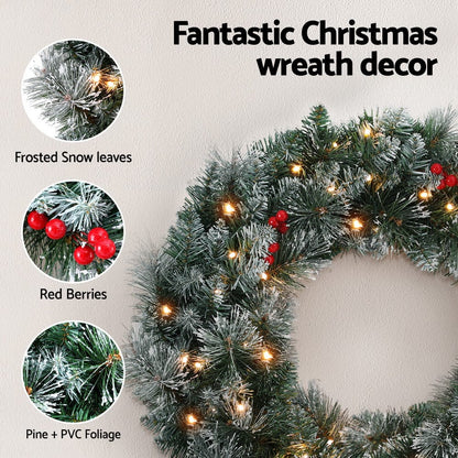 Jingle Jollys Occasions > Christmas > Christmas Wreaths & Garlands Jingle Jollys 60cm Christmas Wreath LED Lights Snowy Berries Garland Party Decor