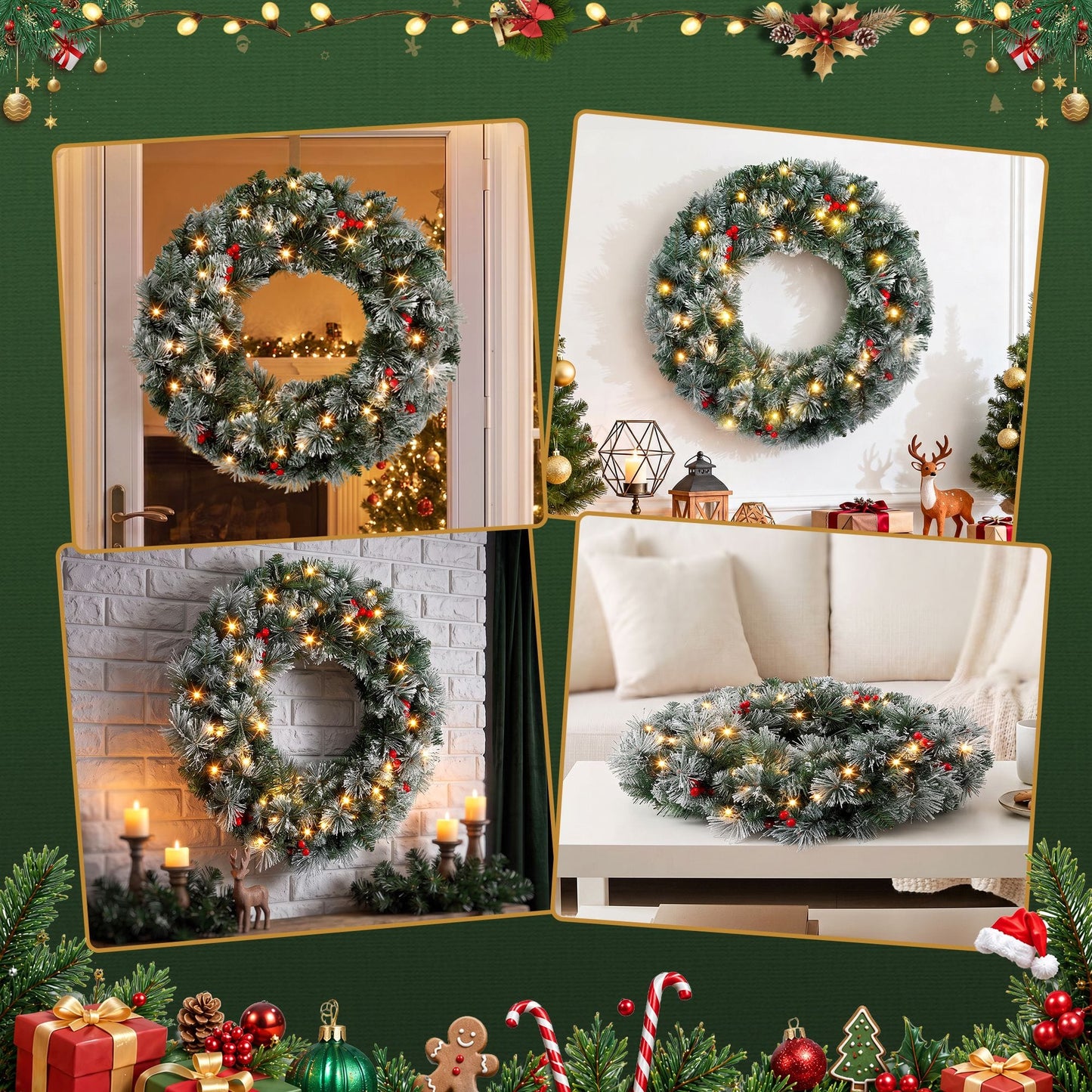 Jingle Jollys Occasions > Christmas > Christmas Wreaths & Garlands Jingle Jollys 60cm Christmas Wreath LED Lights Snowy Berries Garland Party Decor