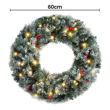 Jingle Jollys Occasions > Christmas > Christmas Wreaths & Garlands Jingle Jollys 60cm Christmas Wreath LED Lights Snowy Berries Garland Party Decor