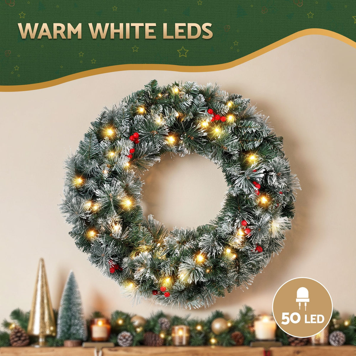 Jingle Jollys Occasions > Christmas > Christmas Wreaths & Garlands Jingle Jollys 60cm Christmas Wreath LED Lights Snowy Berries Garland Party Decor