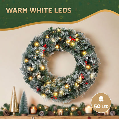 Jingle Jollys Occasions > Christmas > Christmas Wreaths & Garlands Jingle Jollys 60cm Christmas Wreath LED Lights Snowy Berries Garland Party Decor