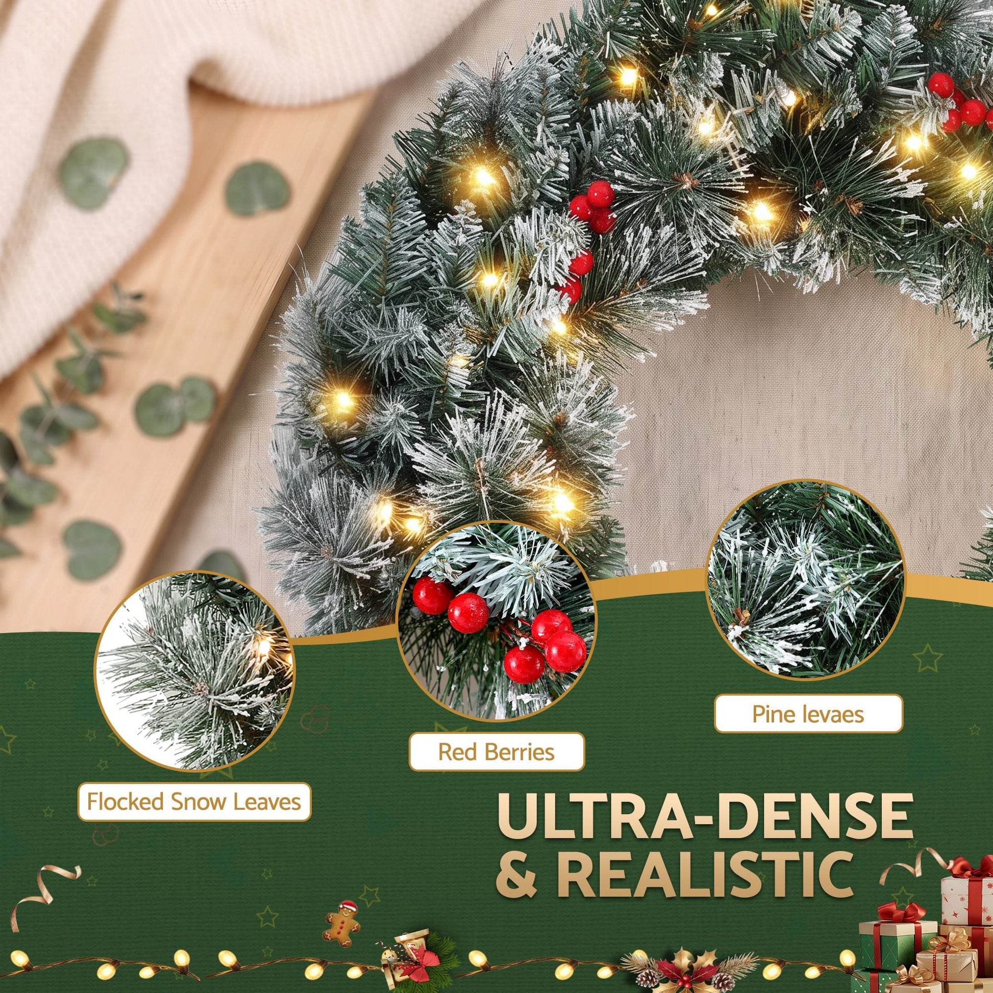 Jingle Jollys Occasions > Christmas > Christmas Wreaths & Garlands Jingle Jollys 60cm Christmas Wreath LED Lights Snowy Berries Garland Party Decor