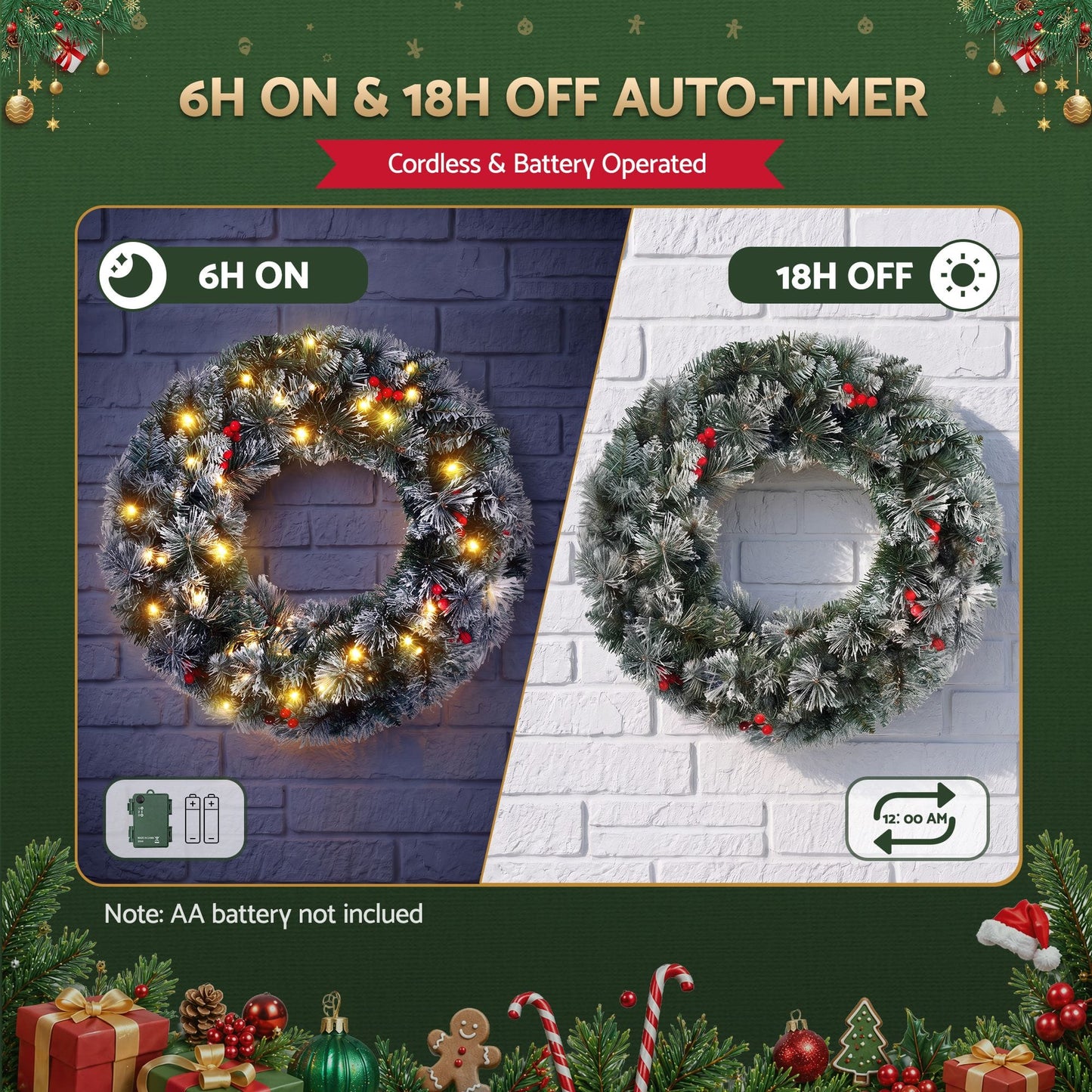 Jingle Jollys Occasions > Christmas > Christmas Wreaths & Garlands Jingle Jollys 60cm Christmas Wreath LED Lights Snowy Berries Garland Party Decor