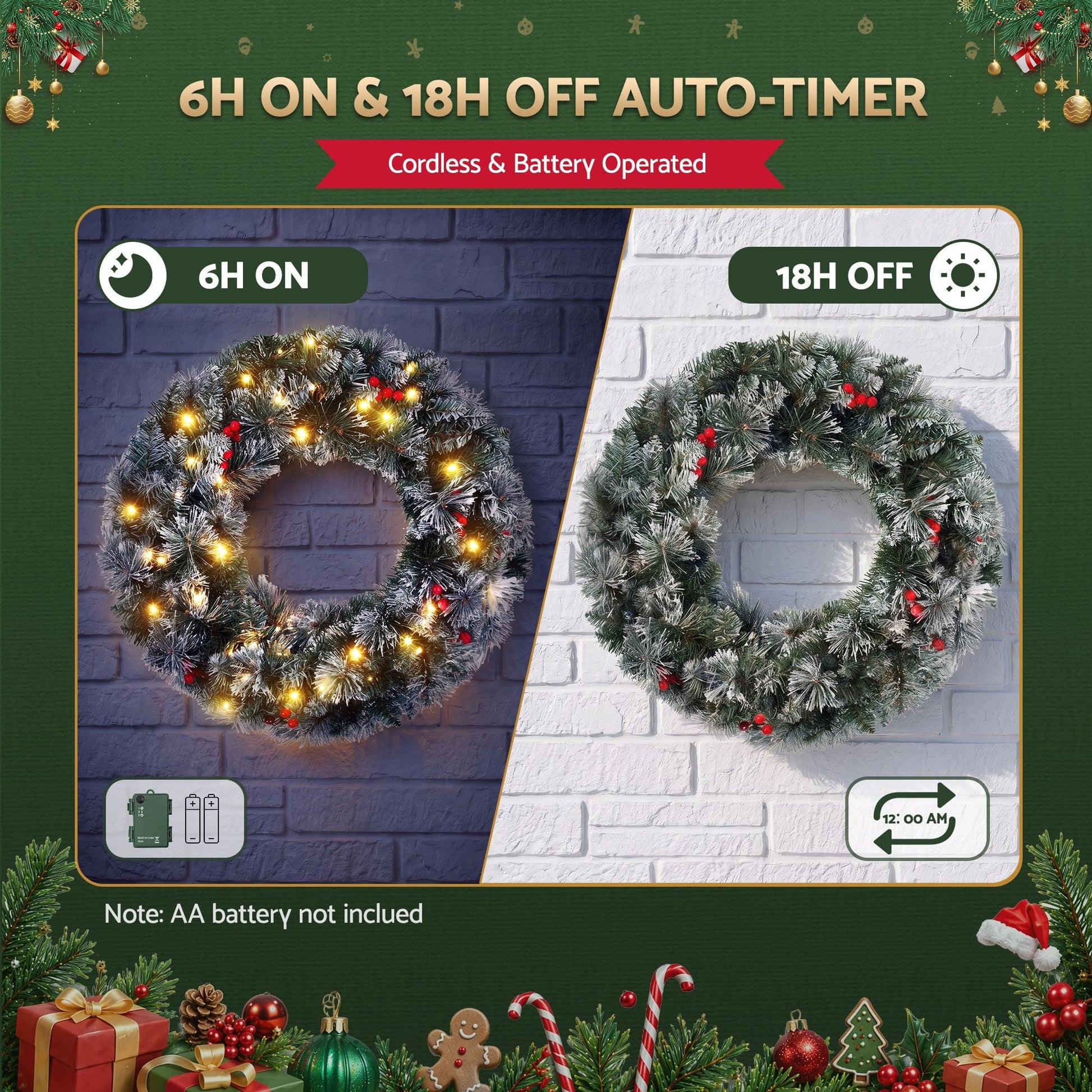Jingle Jollys Occasions > Christmas > Christmas Wreaths & Garlands Jingle Jollys 60cm Christmas Wreath LED Lights Snowy Berries Garland Party Decor