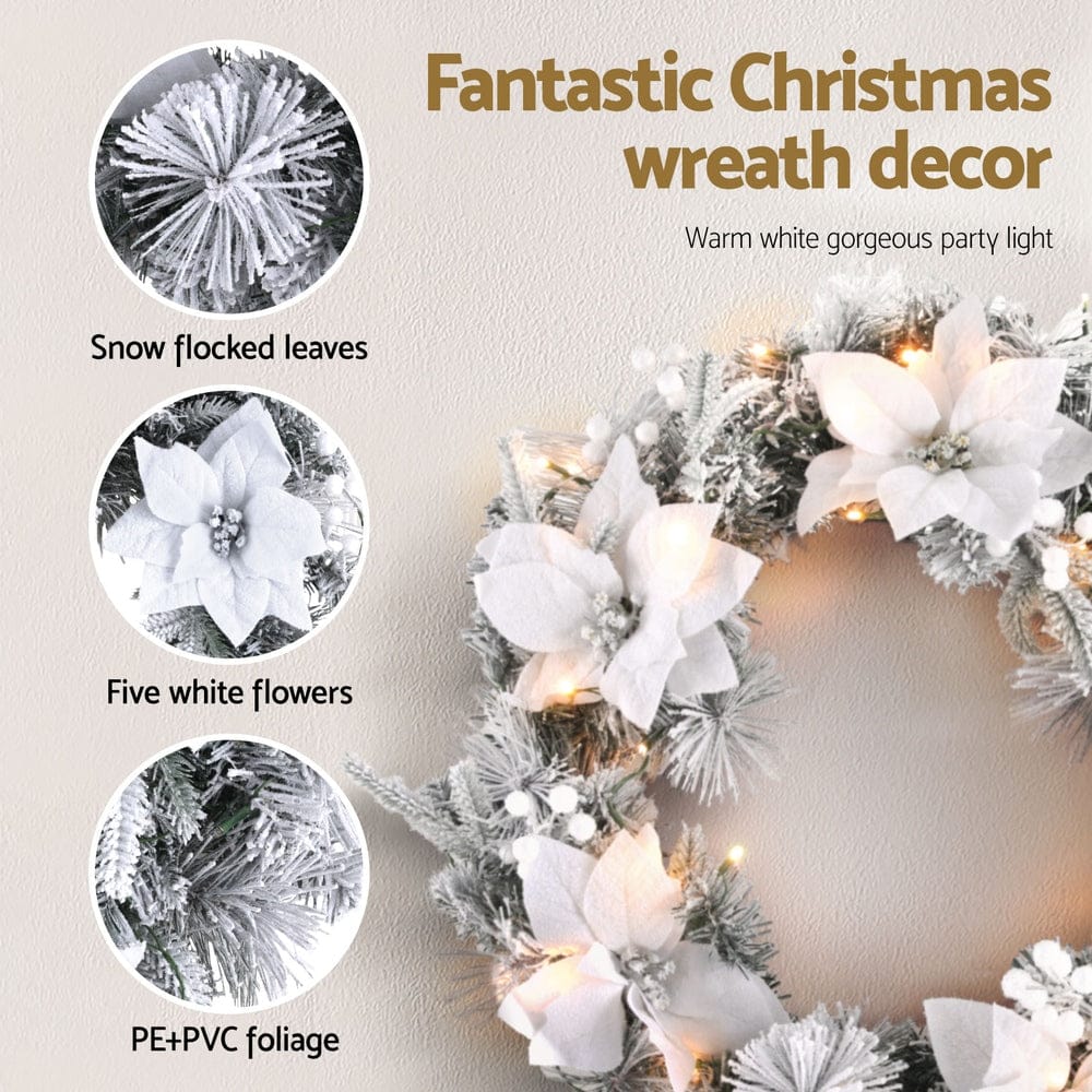 Jingle Jollys Occasions > Christmas > Christmas Wreaths & Garlands Jingle Jollys 60cm Christmas Wreath LED Lights Snowy Flowers Garland Party Decor