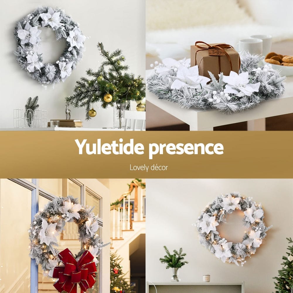 Jingle Jollys Occasions > Christmas > Christmas Wreaths & Garlands Jingle Jollys 60cm Christmas Wreath LED Lights Snowy Flowers Garland Party Decor