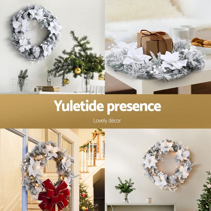 Jingle Jollys Occasions > Christmas > Christmas Wreaths & Garlands Jingle Jollys 60cm Christmas Wreath LED Lights Snowy Flowers Garland Party Decor