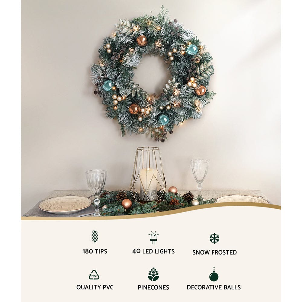 Jingle Jollys Occasions > Christmas > Christmas Wreaths & Garlands Jingle Jollys 60cm Christmas Wreath with LED Lights Snowy Garland Xmas Decor