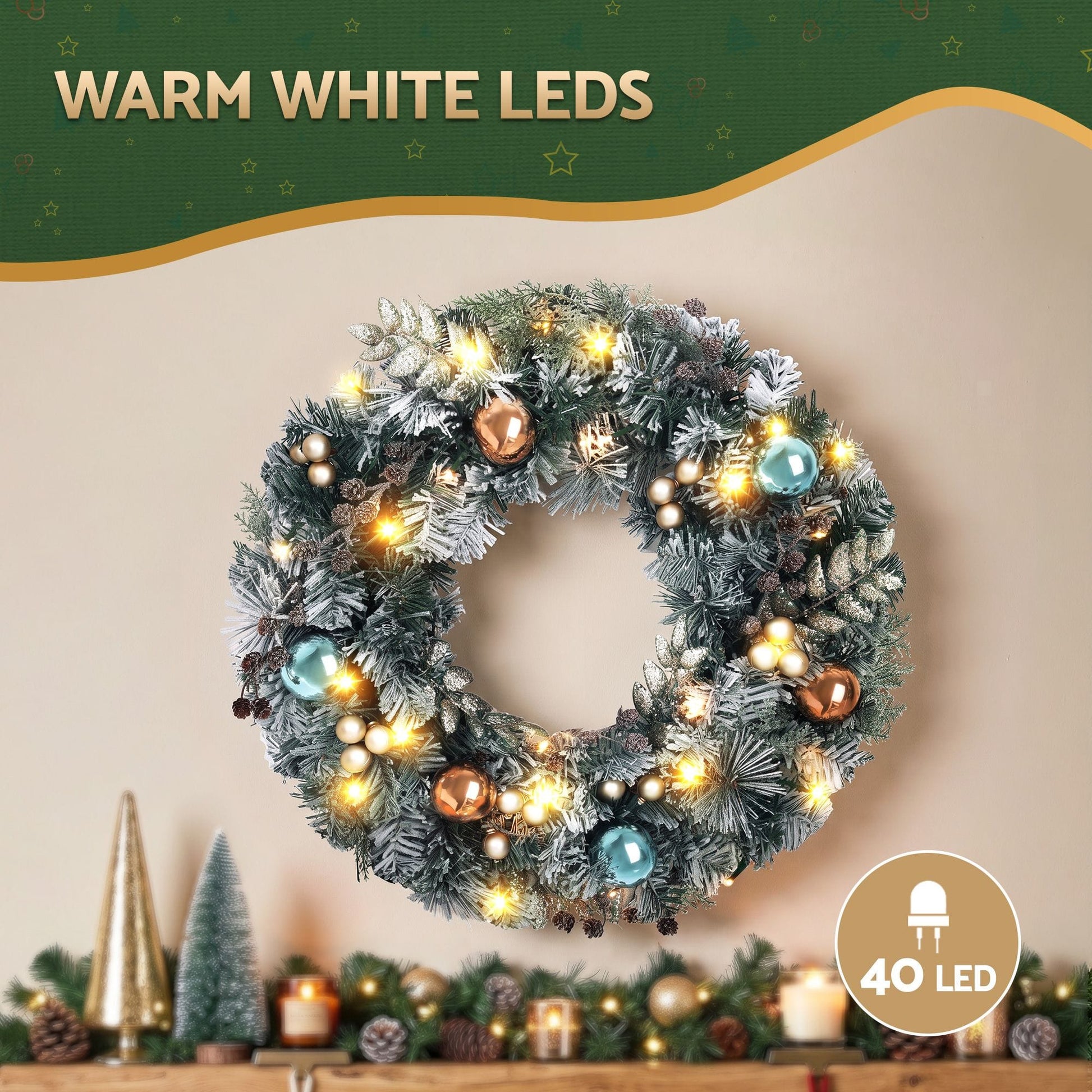 Jingle Jollys Occasions > Christmas > Christmas Wreaths & Garlands Jingle Jollys 60cm Christmas Wreath with LED Lights Snowy Garland Xmas Decor