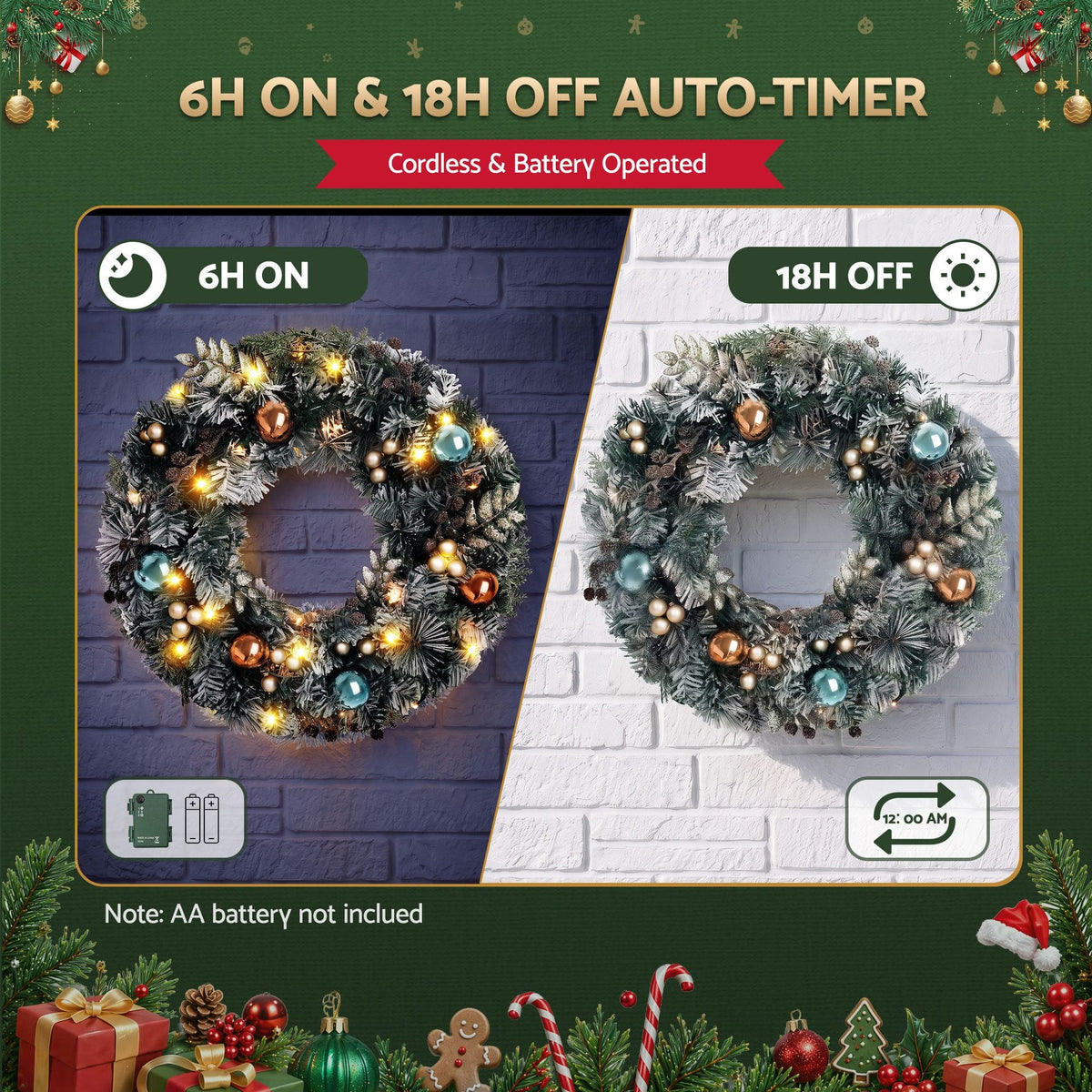 Jingle Jollys Occasions > Christmas > Christmas Wreaths & Garlands Jingle Jollys 60cm Christmas Wreath with LED Lights Snowy Garland Xmas Decor