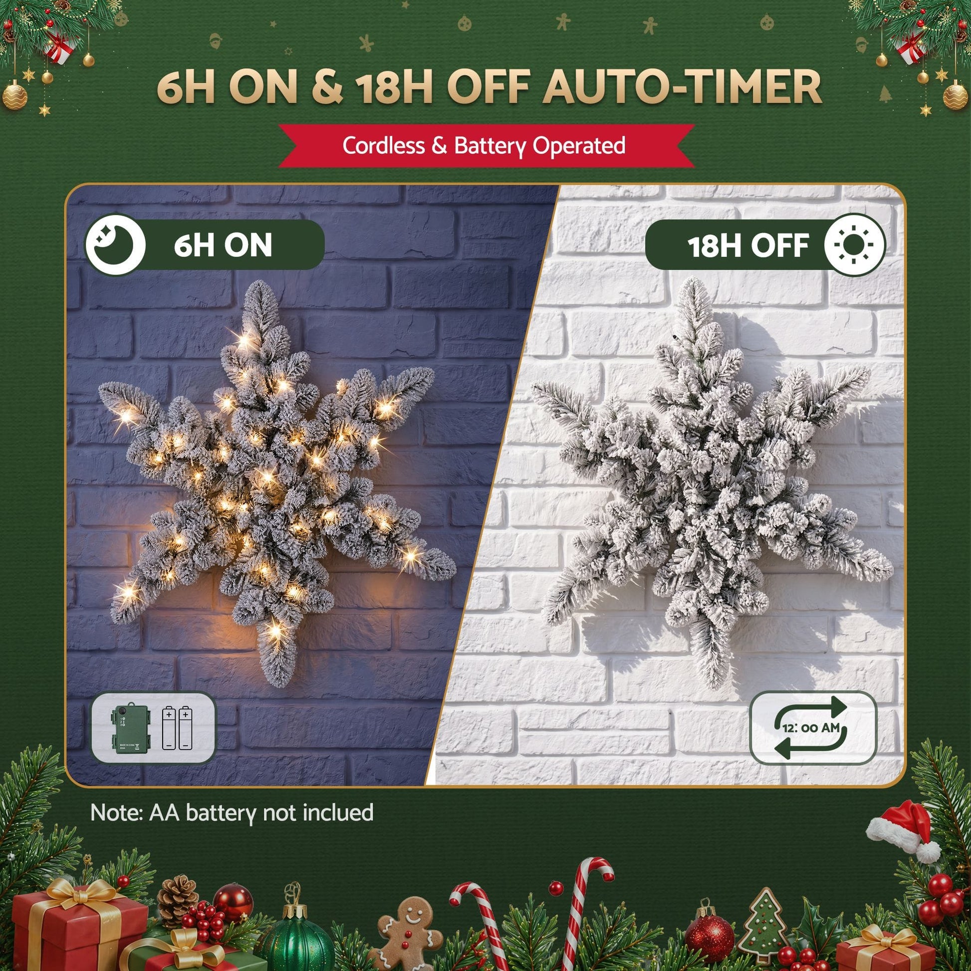Jingle Jollys Occasions > Christmas > Christmas Wreaths & Garlands Jingle Jollys 60cm Flocked Snowflake Christmas Wreath Garland Pre-Lit 40 LED Light Decor
