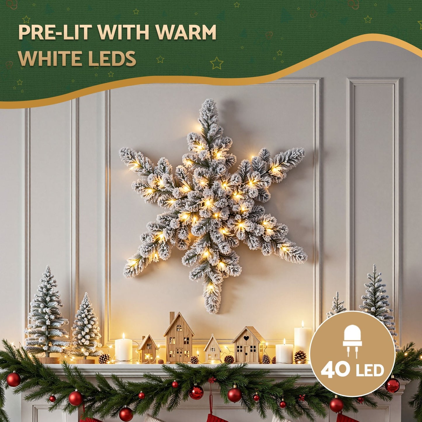 Jingle Jollys Occasions > Christmas > Christmas Wreaths & Garlands Jingle Jollys 60cm Flocked Snowflake Christmas Wreath Garland Pre-Lit 40 LED Light Decor