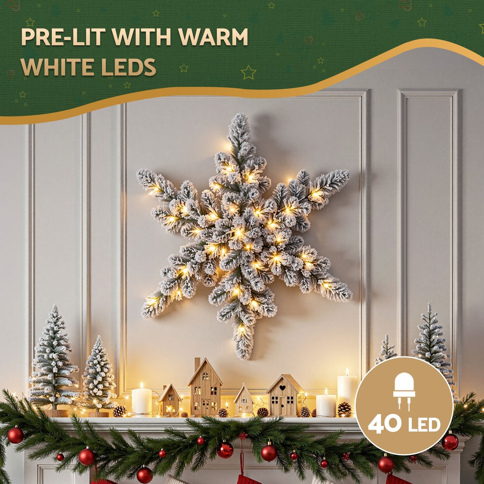Jingle Jollys Occasions > Christmas > Christmas Wreaths & Garlands Jingle Jollys 60cm Flocked Snowflake Christmas Wreath Garland Pre-Lit 40 LED Light Decor