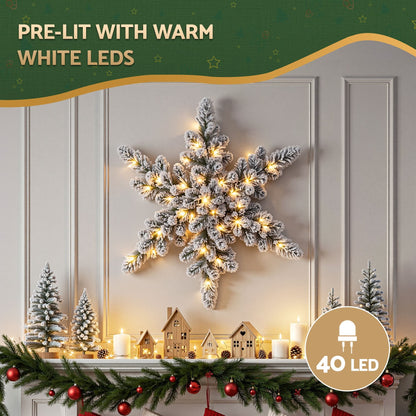 Jingle Jollys Occasions > Christmas > Christmas Wreaths & Garlands Jingle Jollys 60cm Flocked Snowflake Christmas Wreath Garland Pre-Lit 40 LED Light Decor