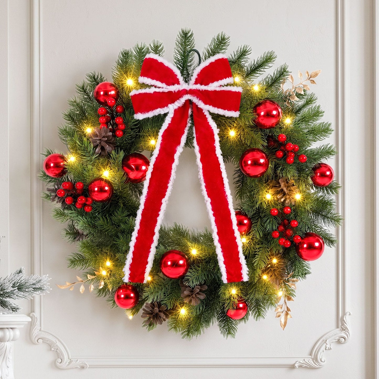 Jingle Jollys Occasions > Christmas > Christmas Wreaths & Garlands Jingle Jollys 60cm Pre-lit Christmas Wreath Garlands LED Light Front Door Decor Bow