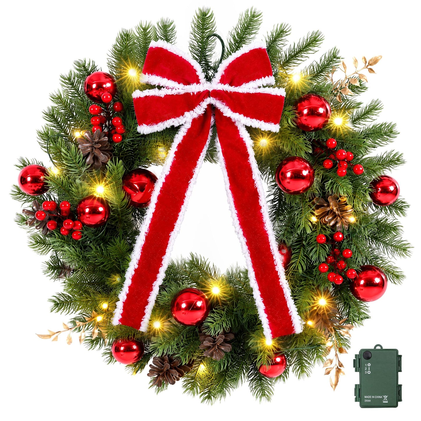 Jingle Jollys Occasions > Christmas > Christmas Wreaths & Garlands Jingle Jollys 60cm Pre-lit Christmas Wreath Garlands LED Light Front Door Decor Bow