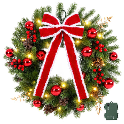 Jingle Jollys Occasions > Christmas > Christmas Wreaths & Garlands Jingle Jollys 60cm Pre-lit Christmas Wreath Garlands LED Light Front Door Decor Bow