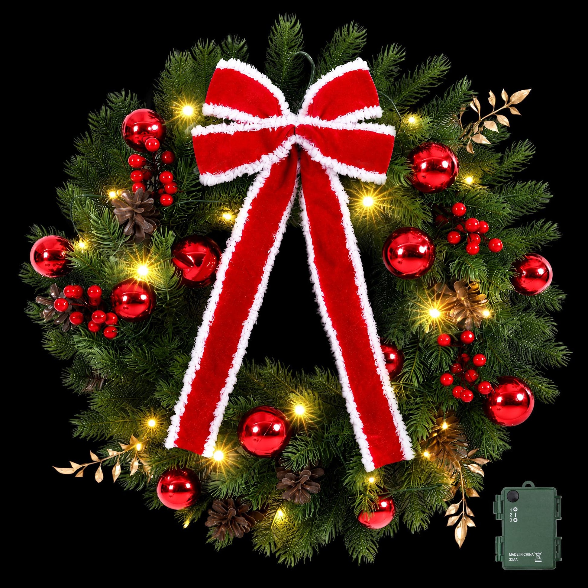 Jingle Jollys Occasions > Christmas > Christmas Wreaths & Garlands Jingle Jollys 60cm Pre-lit Christmas Wreath Garlands LED Light Front Door Decor Bow