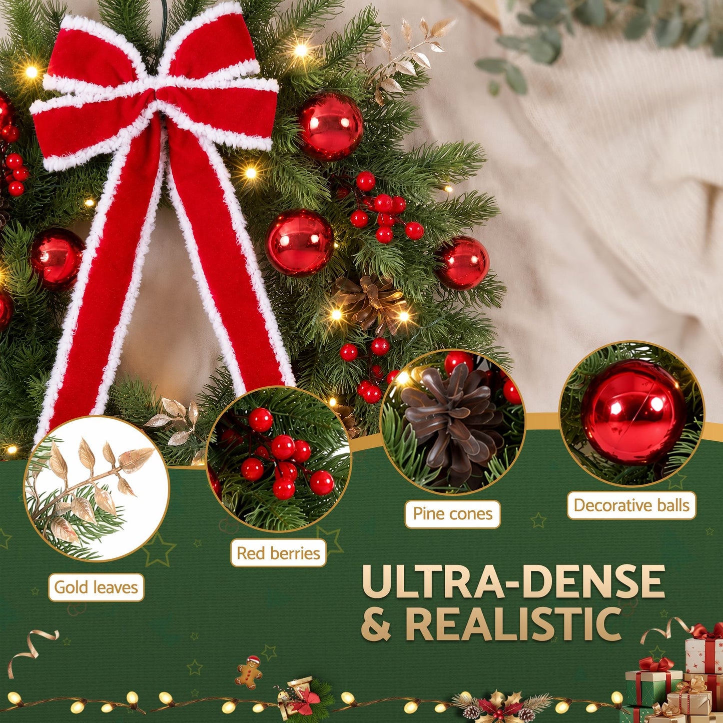 Jingle Jollys Occasions > Christmas > Christmas Wreaths & Garlands Jingle Jollys 60cm Pre-lit Christmas Wreath Garlands LED Light Front Door Decor Bow