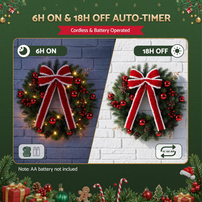 Jingle Jollys Occasions > Christmas > Christmas Wreaths & Garlands Jingle Jollys 60cm Pre-lit Christmas Wreath Garlands LED Light Front Door Decor Bow